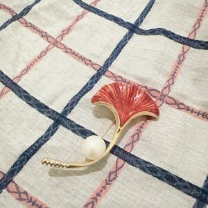 Elegant Red Leaf Brooch with Pearl Accent